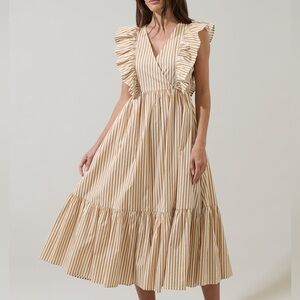 SUGARLIPS LUNA Striped Ruffle- SHOULDER MIDI Dress in Beige and White SIZE S